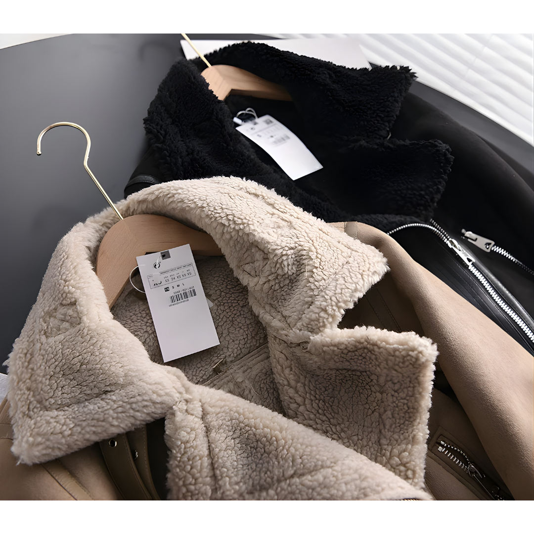 Women’s Short Motorcycle Jacket, Thick Faux Shearling, Suede Finish, Winter Collection