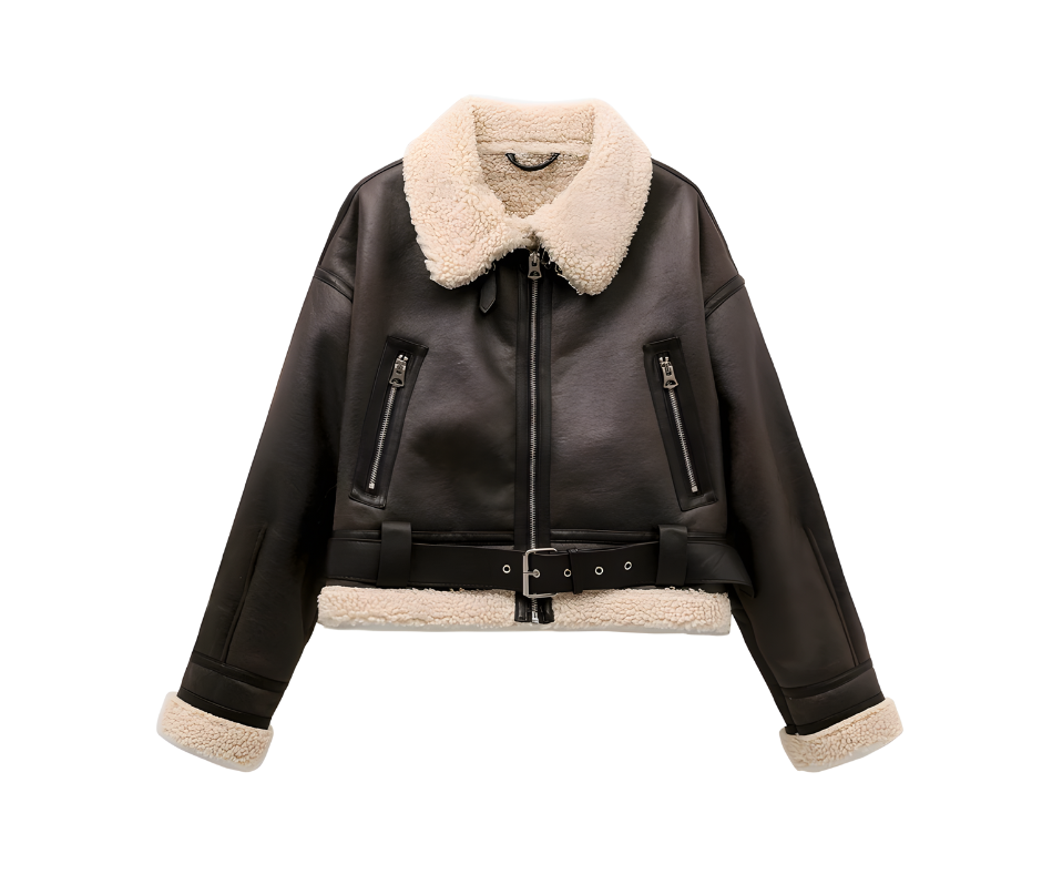 Women’s Faux Shearling Jacket, Vintage Style, Belted Hem, Warm and Cozy