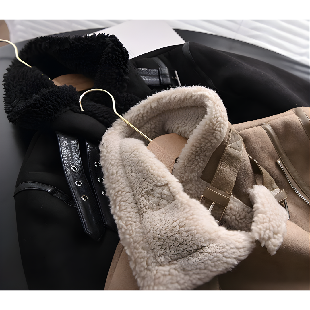 Women’s Short Motorcycle Jacket, Thick Faux Shearling, Suede Finish, Winter Collection