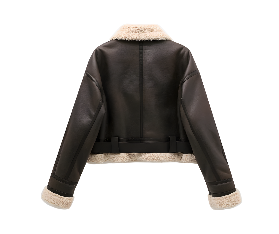 Women’s Faux Shearling Jacket, Vintage Style, Belted Hem, Warm and Cozy