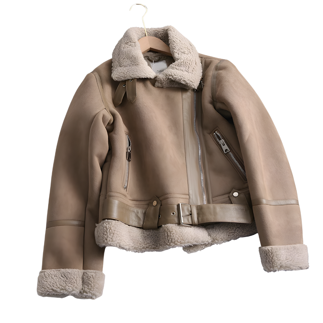 Women’s Short Motorcycle Jacket, Thick Faux Shearling, Suede Finish, Winter Collection