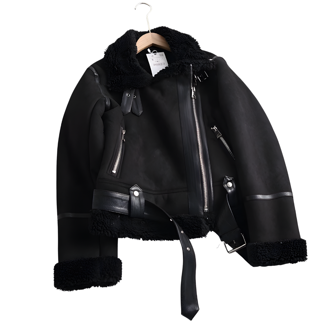 Women’s Short Motorcycle Jacket, Thick Faux Shearling, Suede Finish, Winter Collection