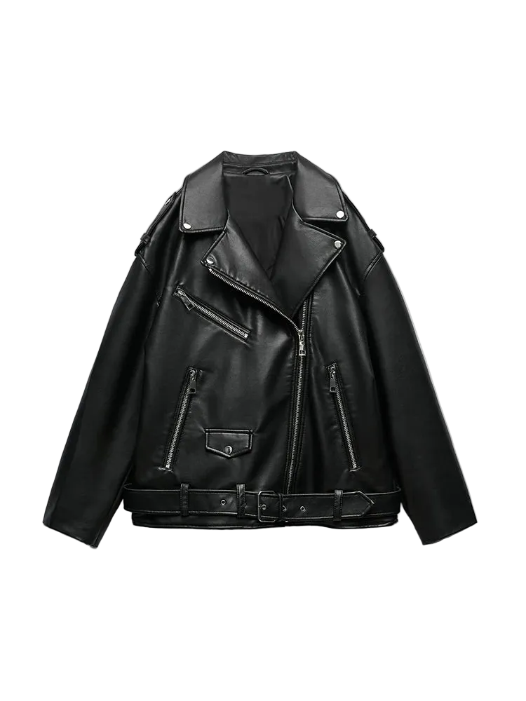 Women’s Black PU Faux Leather Motorcycle Jacket, Loose Fit, Biker Style with Belt and Zipper