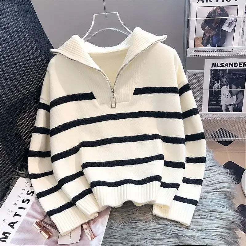 Women’s Premium Short Knit Pullover Sweater with Zipper and Stripe Detail for Spring and Autumn