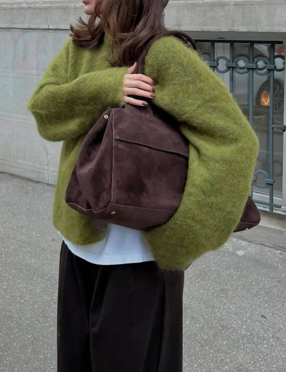 Women’s Oversized Wool Knit Pullover, Short Length, Crew Neck, Soft and Warm