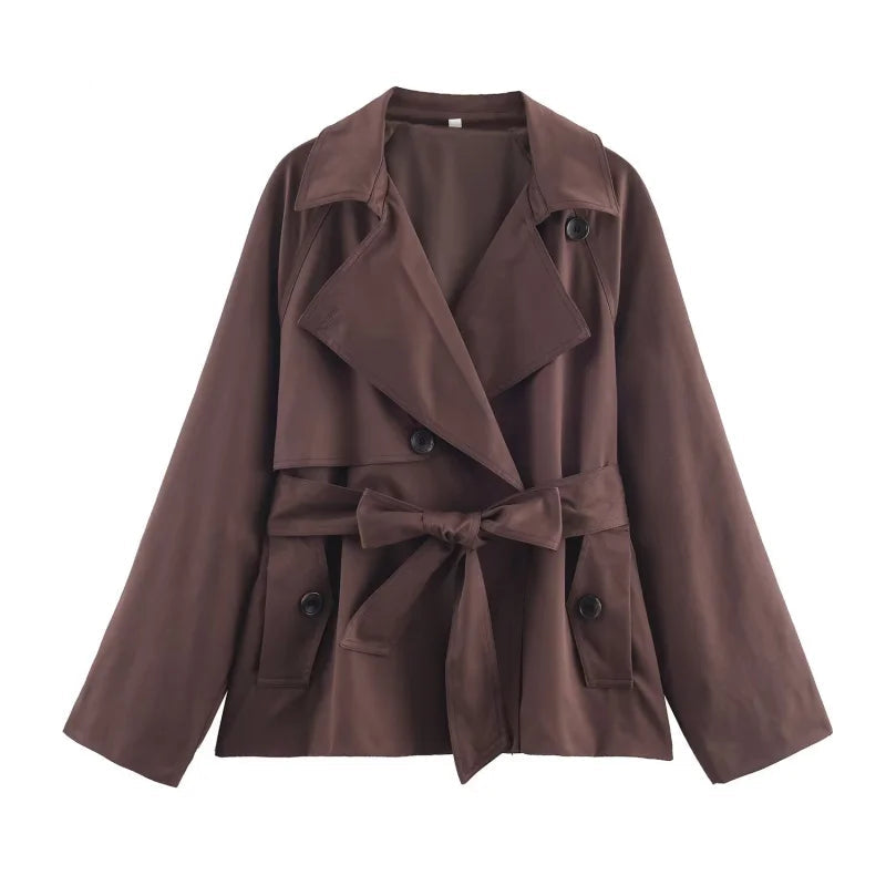 Women’s British-Inspired Double-Breasted Trench Coat, Maillard Color Palette, Autumn