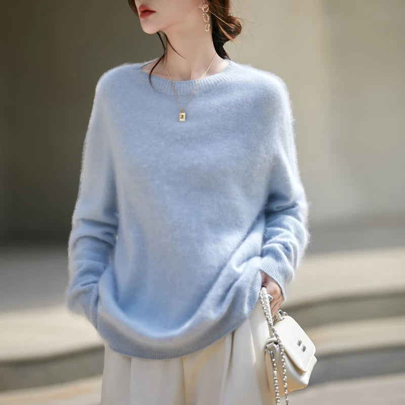 Women’s Brushed Wool Knit Sweater, Solid Pink, Crew Neck, Soft and Warm – Winter Collection