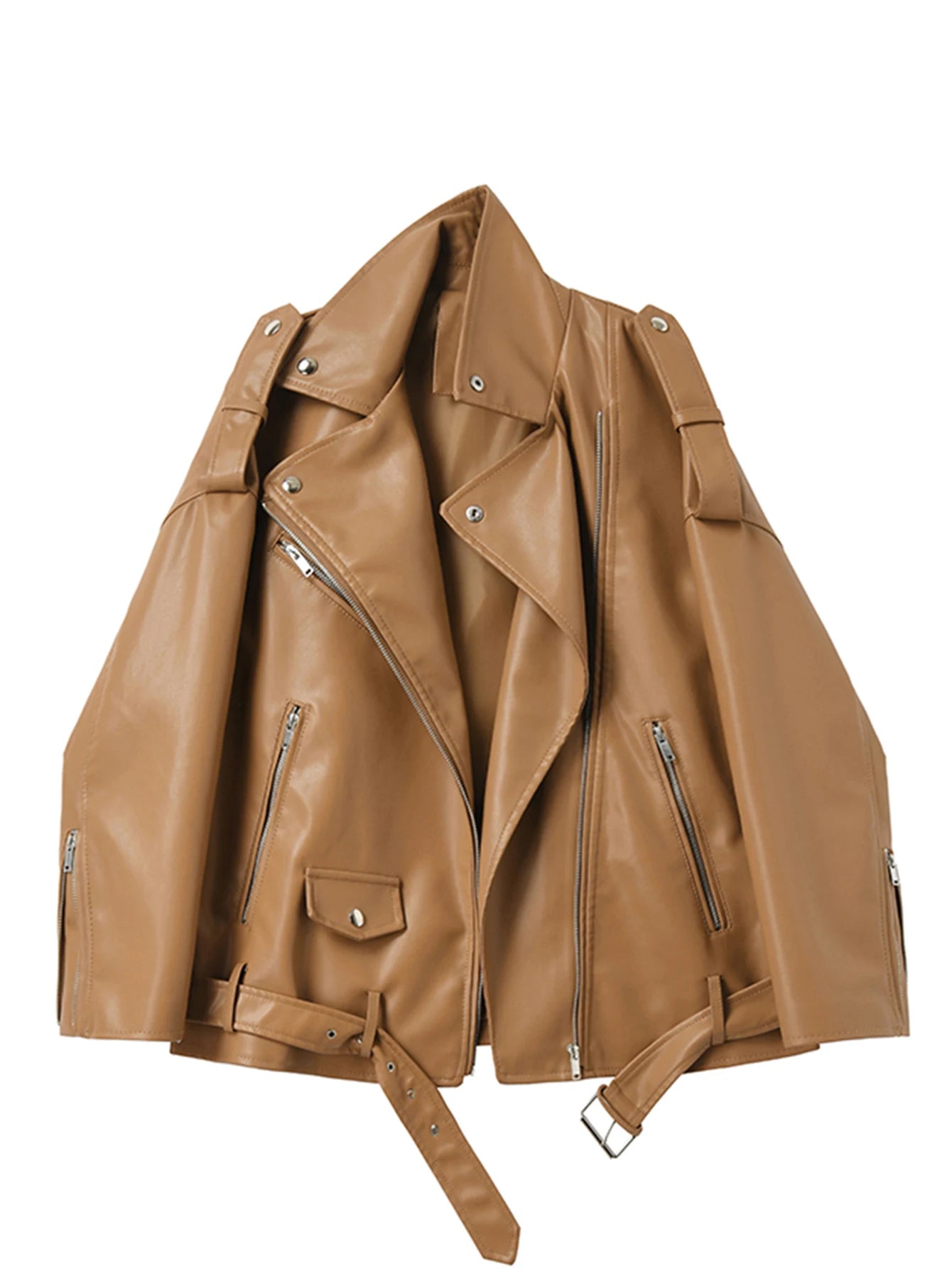 Women’s Black PU Faux Leather Motorcycle Jacket, Loose Fit, Biker Style with Belt and Zipper