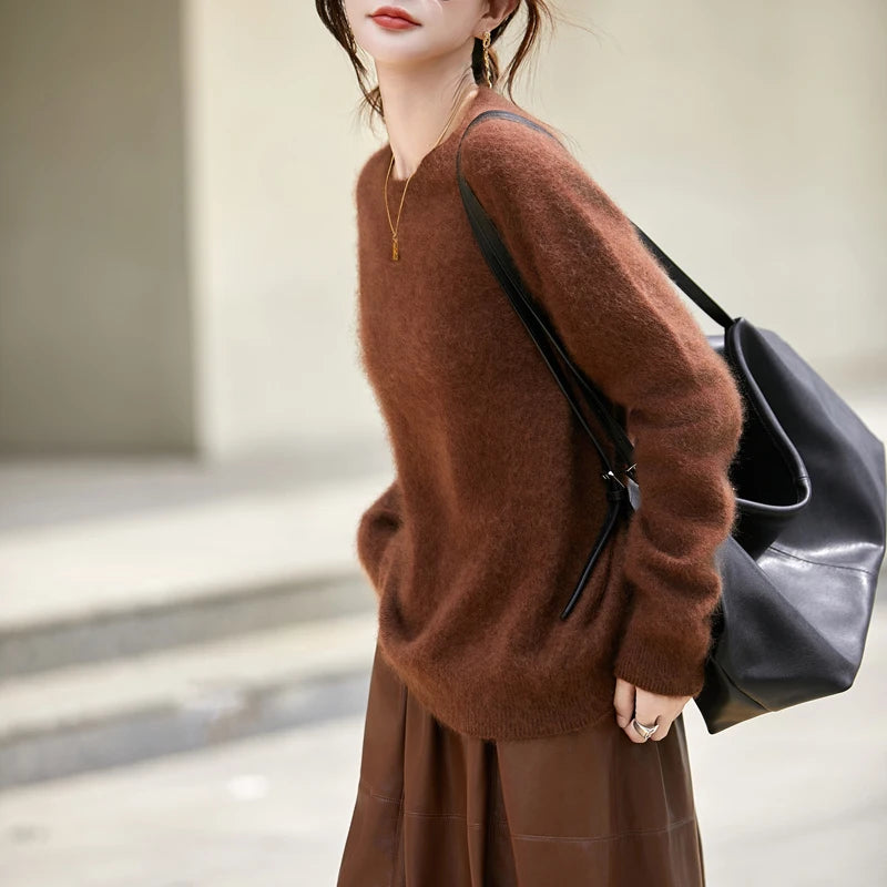 Women’s Brushed Wool Knit Sweater, Solid Pink, Crew Neck, Soft and Warm – Winter Collection