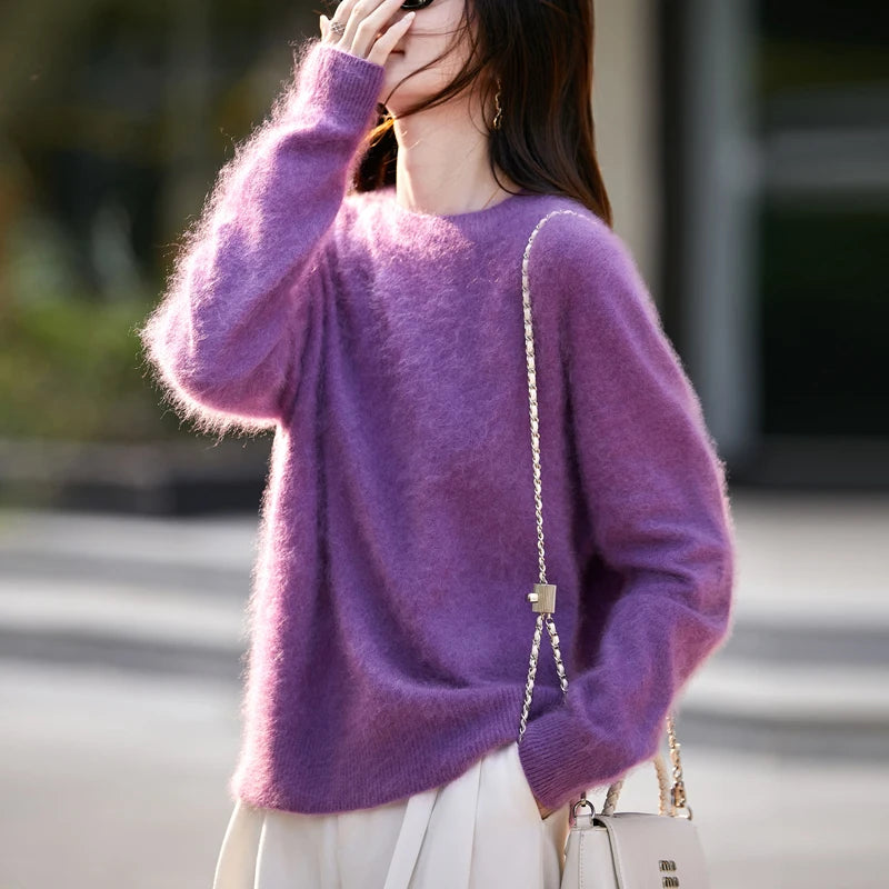 Women’s Brushed Wool Knit Sweater, Solid Pink, Crew Neck, Soft and Warm – Winter Collection