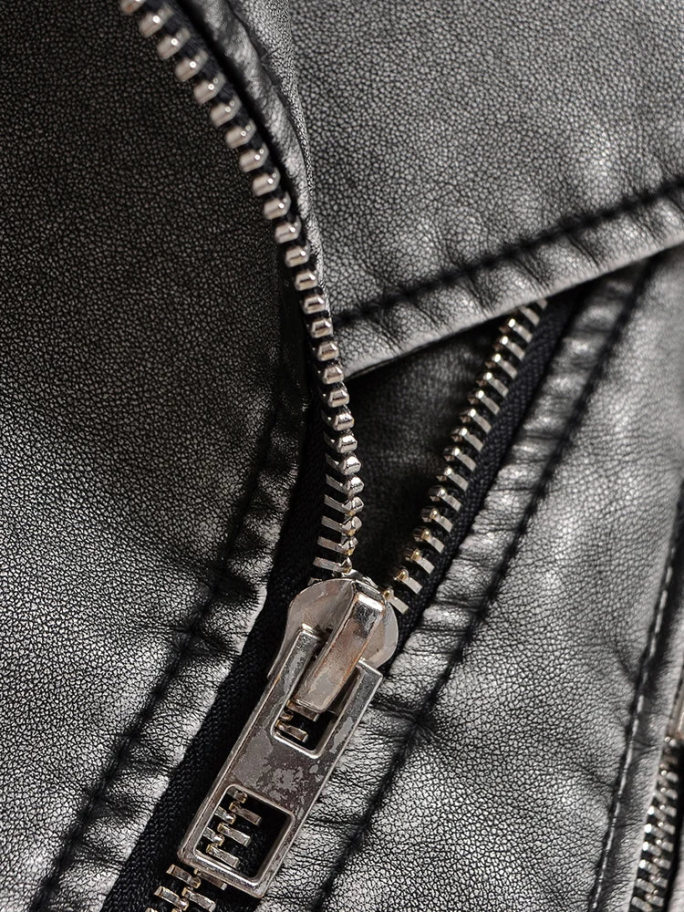 Women’s Vintage Washed Faux Leather Short Jacket, Loose Fit, Moto Biker Style with Zipper and Belt