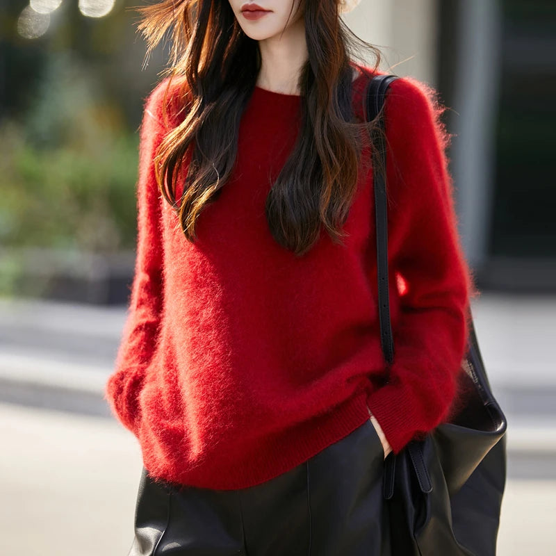 Women’s Brushed Wool Knit Sweater, Solid Pink, Crew Neck, Soft and Warm – Winter Collection