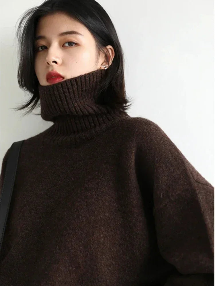 Women’s Turtleneck Knit Pullover, Loose Fit, Solid Color, Warm Basic – Autumn/Winter Collection