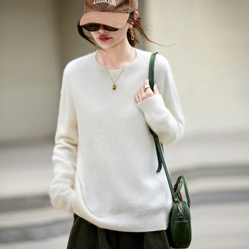 Women’s Brushed Wool Knit Sweater, Solid Pink, Crew Neck, Soft and Warm – Winter Collection