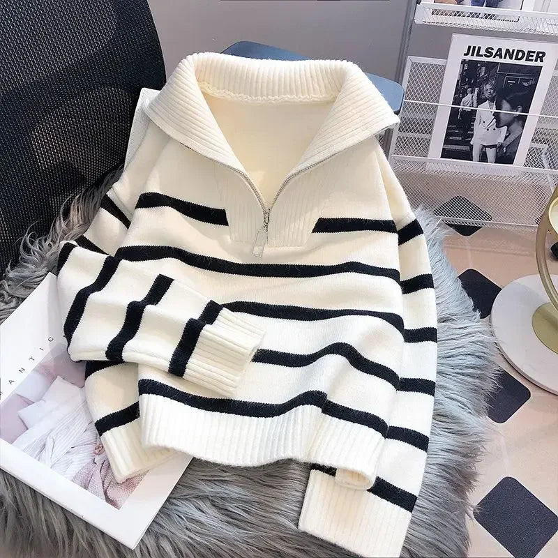 Women’s Premium Short Knit Pullover Sweater with Zipper and Stripe Detail for Spring and Autumn
