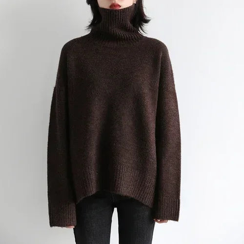Women’s Turtleneck Knit Pullover, Loose Fit, Solid Color, Warm Basic – Autumn/Winter Collection