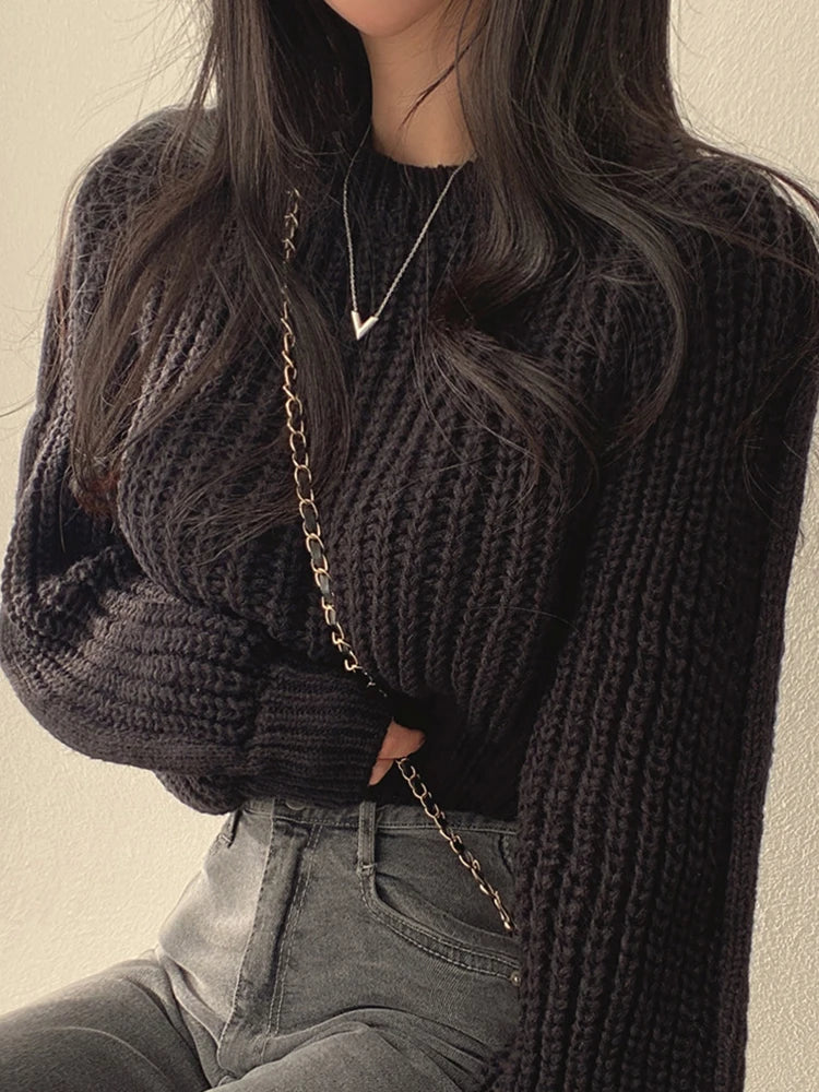 Korean-Inspired Women’s Soft Knit Jumper with Bubble Sleeves, Loose Fit, Youthful Autumn/Winter Style