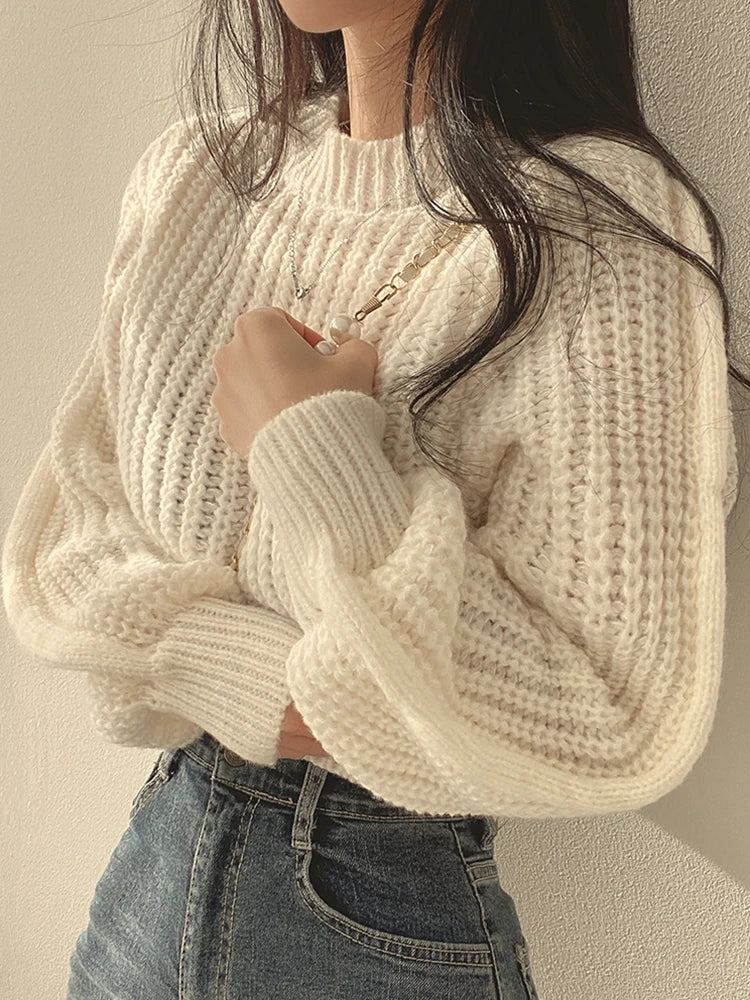 Korean-Inspired Women’s Soft Knit Jumper with Bubble Sleeves, Loose Fit, Youthful Autumn/Winter Style
