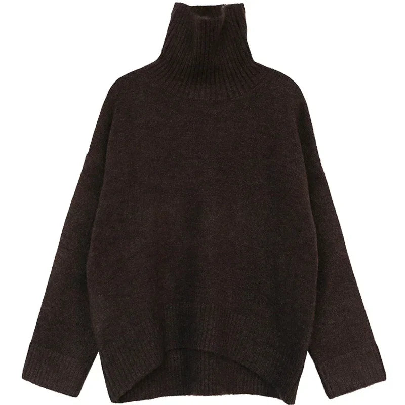 Women’s Turtleneck Knit Pullover, Loose Fit, Solid Color, Warm Basic – Autumn/Winter Collection