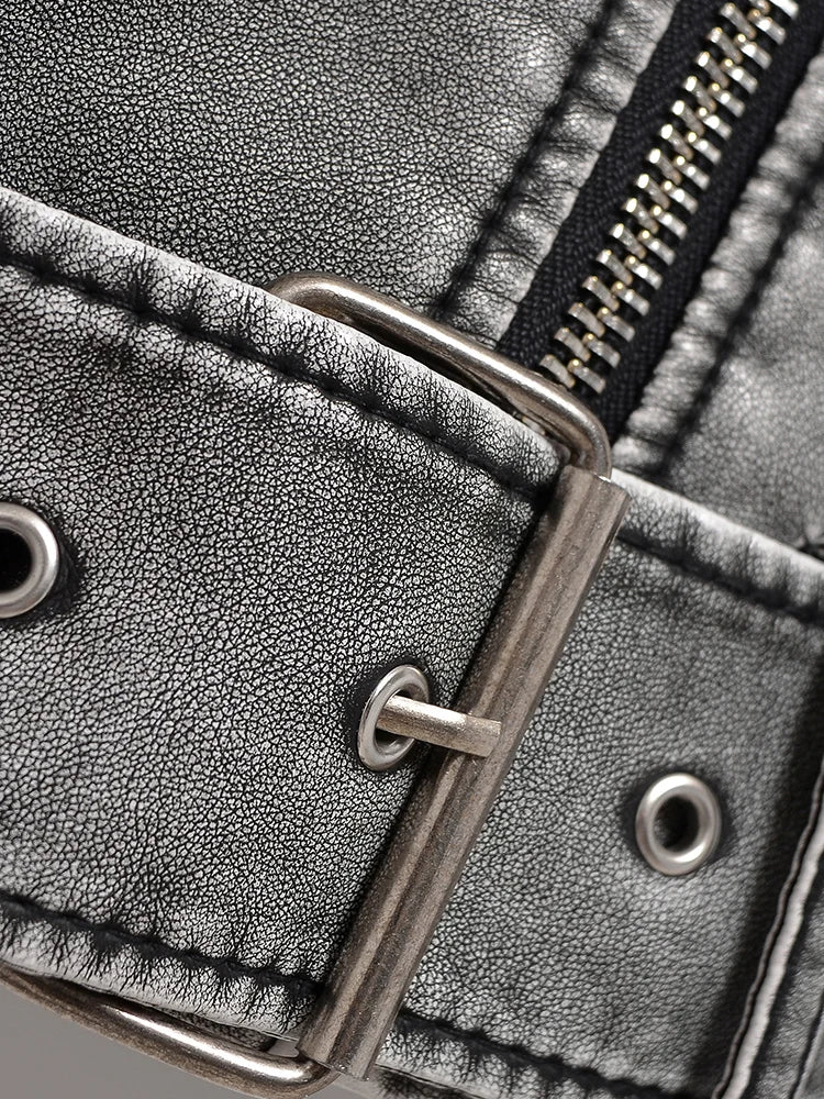 Women’s Vintage Washed Faux Leather Short Jacket, Loose Fit, Moto Biker Style with Zipper and Belt