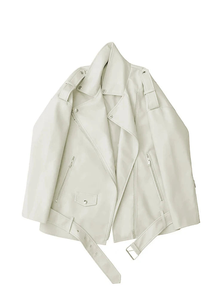 Women’s Black PU Faux Leather Motorcycle Jacket, Loose Fit, Biker Style with Belt and Zipper