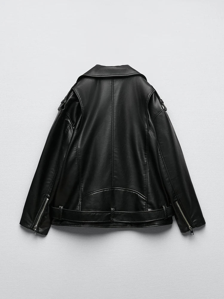 Women’s Black PU Faux Leather Motorcycle Jacket, Loose Fit, Biker Style with Belt and Zipper