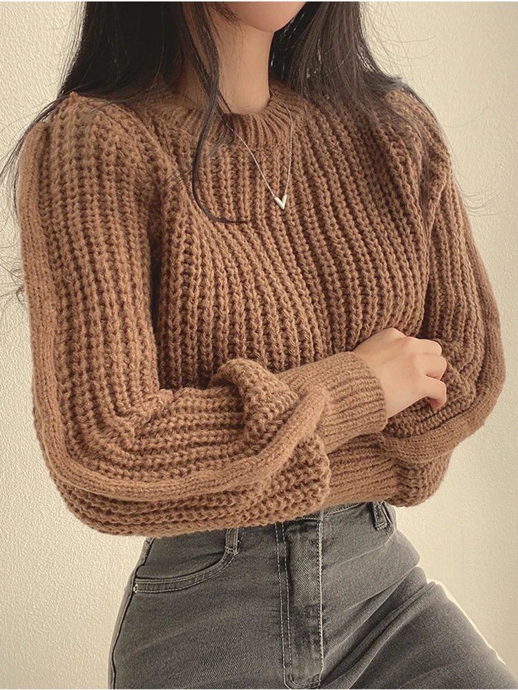 Korean-Inspired Women’s Soft Knit Jumper with Bubble Sleeves, Loose Fit, Youthful Autumn/Winter Style