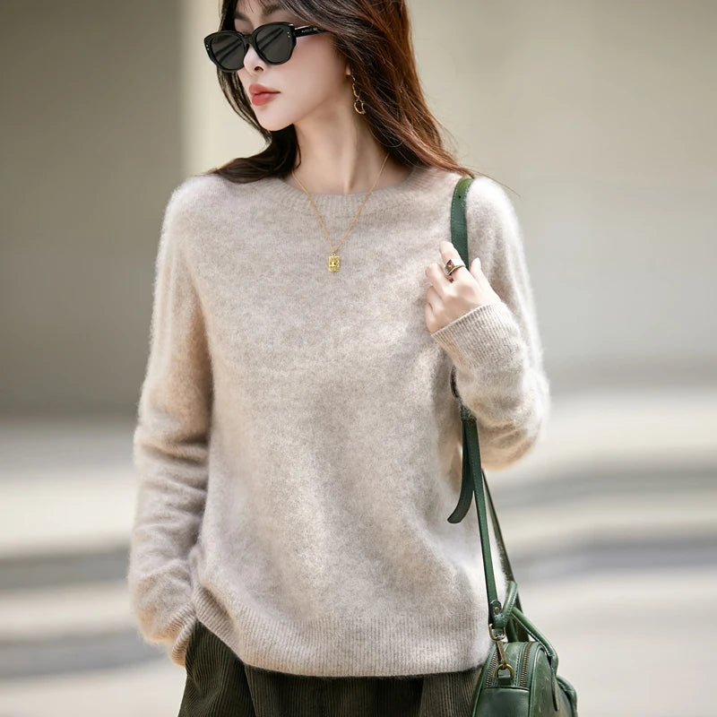 Women’s Brushed Wool Knit Sweater, Solid Pink, Crew Neck, Soft and Warm – Winter Collection