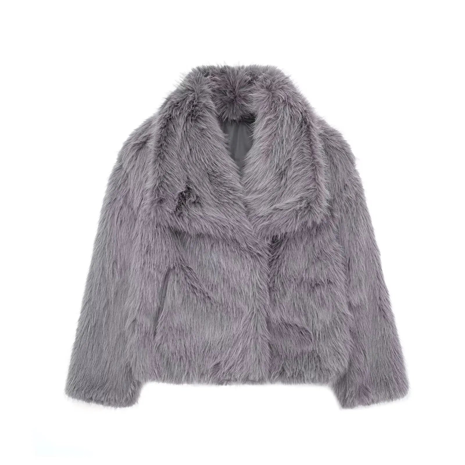 HH Women’s Cropped Faux Fur Jacket, Thick Faux Fur, Chic Lapel Collar with Front Snap Buttons