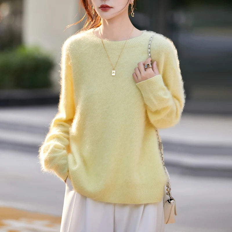 Women’s Brushed Wool Knit Sweater, Solid Pink, Crew Neck, Soft and Warm – Winter Collection