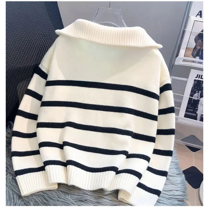Women’s Premium Short Knit Pullover Sweater with Zipper and Stripe Detail for Spring and Autumn