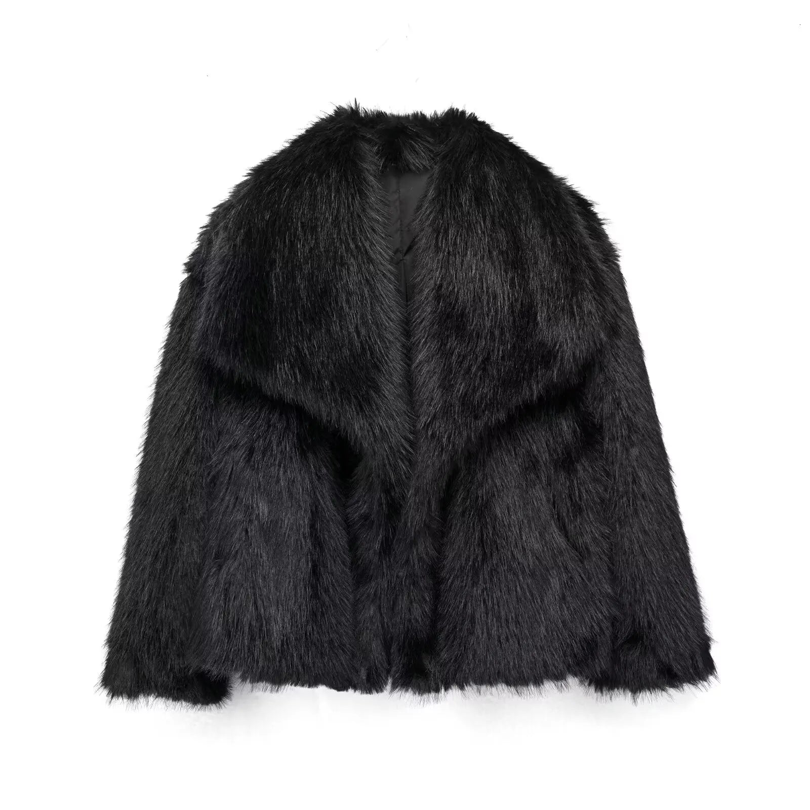 HH Women’s Cropped Faux Fur Jacket, Thick Faux Fur, Chic Lapel Collar with Front Snap Buttons