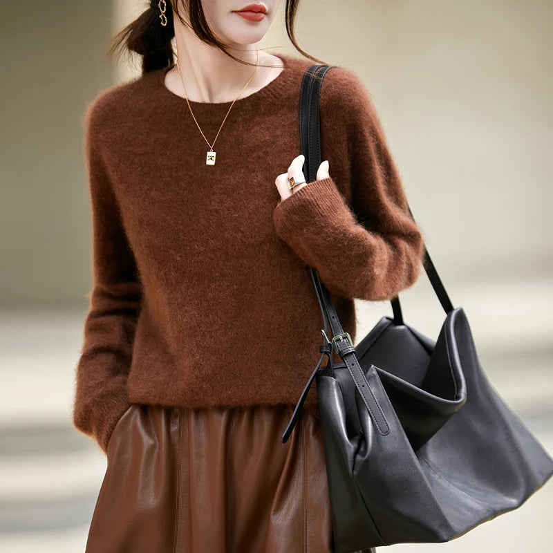 Women’s Brushed Wool Knit Sweater, Solid Pink, Crew Neck, Soft and Warm – Winter Collection