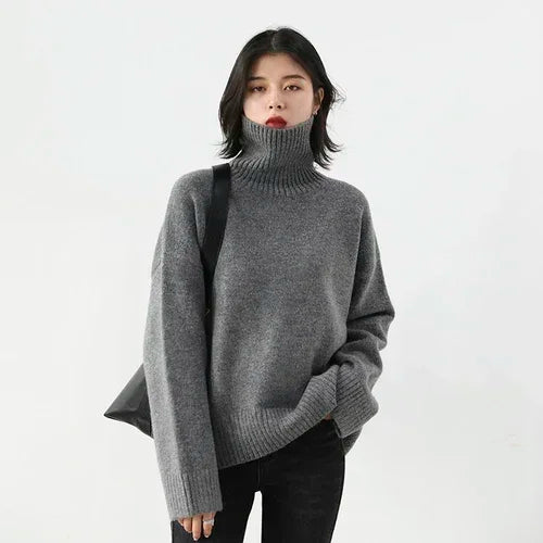 Women’s Turtleneck Knit Pullover, Loose Fit, Solid Color, Warm Basic – Autumn/Winter Collection