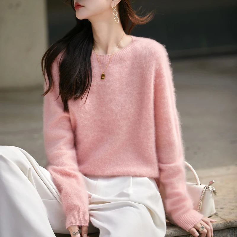 Women’s Brushed Wool Knit Sweater, Solid Pink, Crew Neck, Soft and Warm – Winter Collection