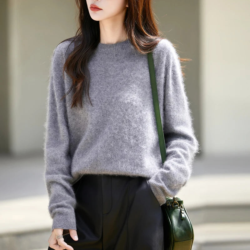 Women’s Brushed Wool Knit Sweater, Solid Pink, Crew Neck, Soft and Warm – Winter Collection