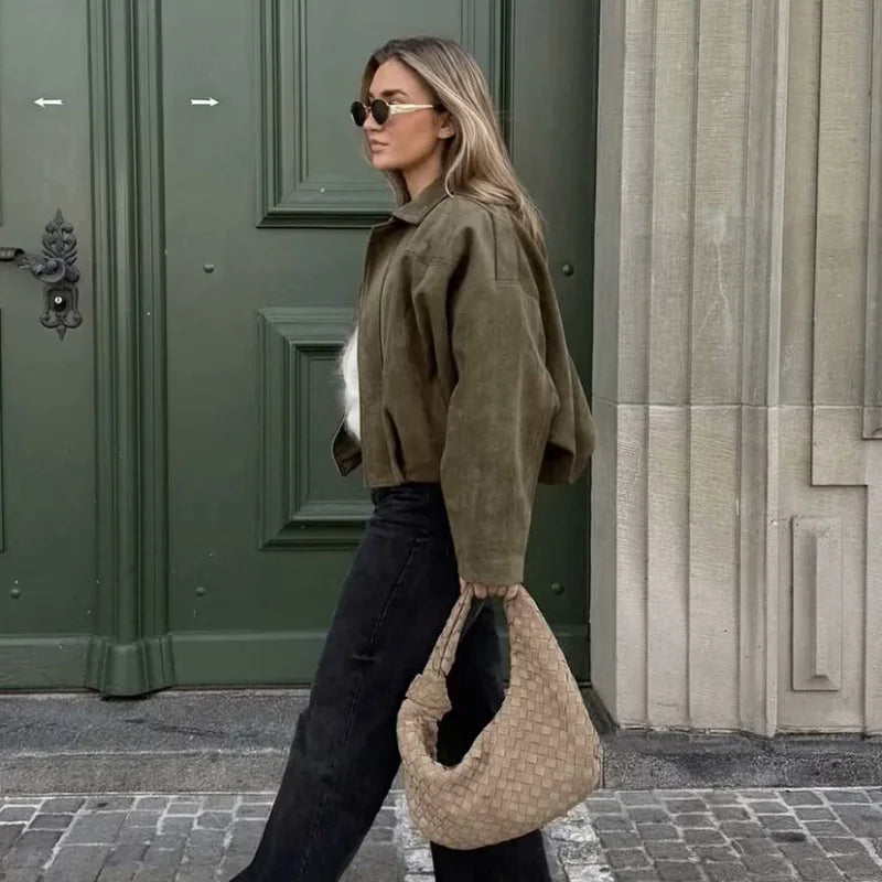 Women’s Vintage Bomber Jacket, Loose Fit, Turn-Down Collar, Chic Outerwear