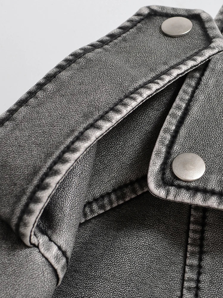 Women’s Vintage Washed Faux Leather Short Jacket, Loose Fit, Moto Biker Style with Zipper and Belt
