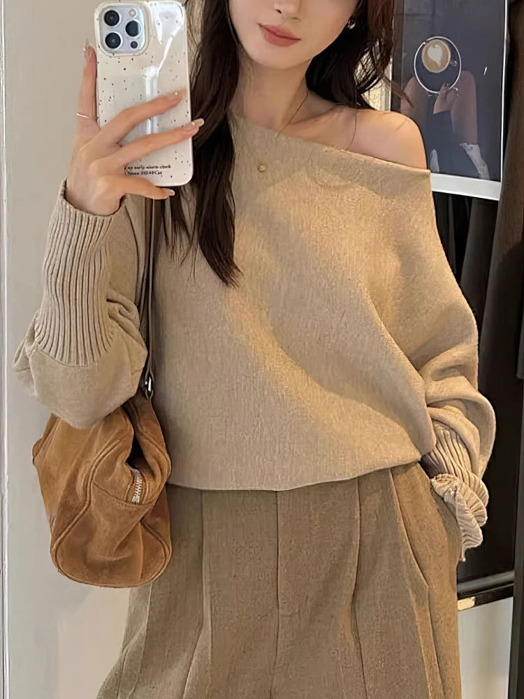 Women’s Batwing Knit Pullover, Off-Shoulder Design, Thick 300g Yarn, Loose Fit, Korean-Inspired Autumn Sweater