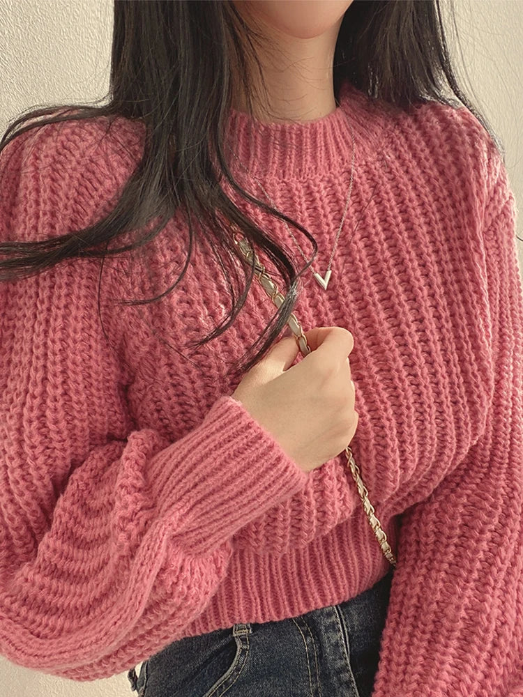 Korean-Inspired Women’s Soft Knit Jumper with Bubble Sleeves, Loose Fit, Youthful Autumn/Winter Style