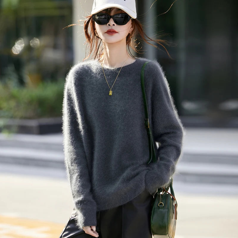 Women’s Brushed Wool Knit Sweater, Solid Pink, Crew Neck, Soft and Warm – Winter Collection