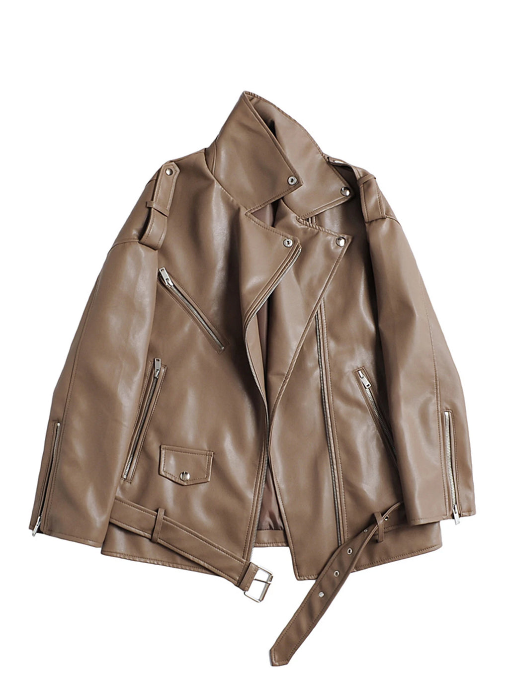 Women’s Black PU Faux Leather Motorcycle Jacket, Loose Fit, Biker Style with Belt and Zipper