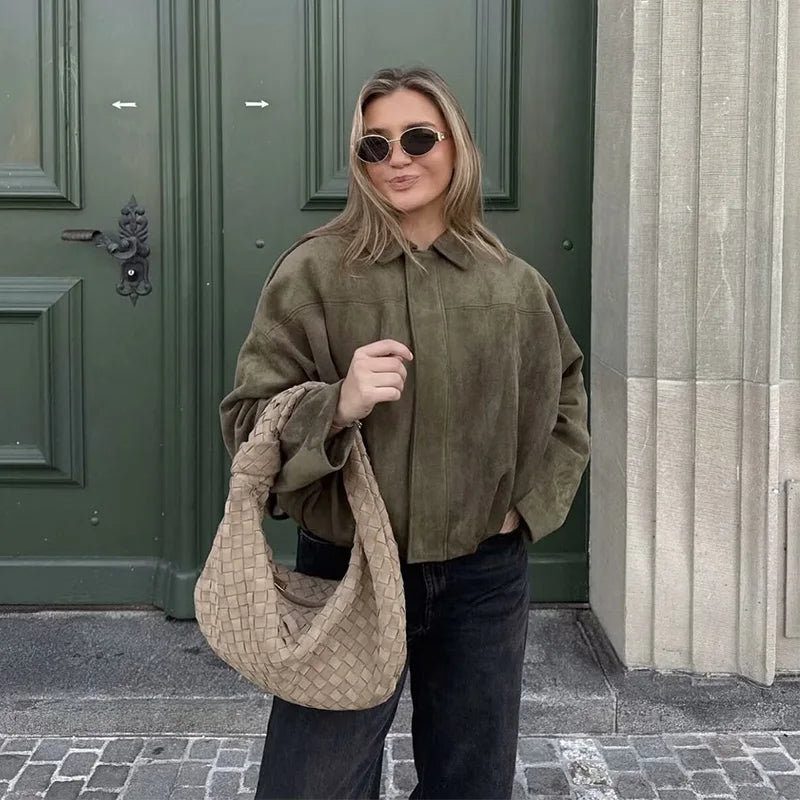 Women’s Vintage Bomber Jacket, Loose Fit, Turn-Down Collar, Chic Outerwear