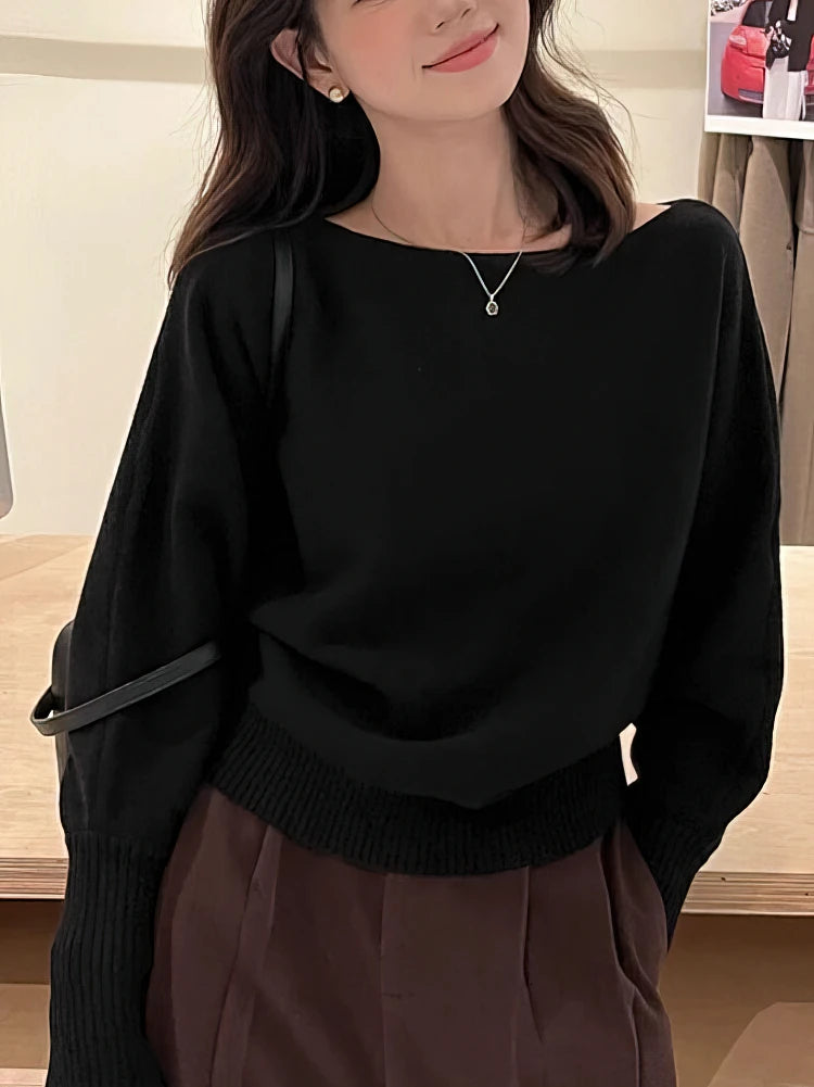 Women’s Batwing Knit Pullover, Off-Shoulder Design, Thick 300g Yarn, Loose Fit, Korean-Inspired Autumn Sweater