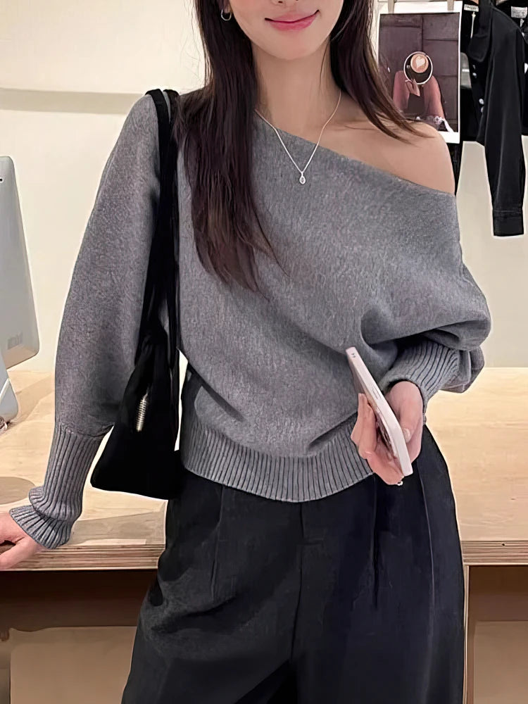 Women’s Batwing Knit Pullover, Off-Shoulder Design, Thick 300g Yarn, Loose Fit, Korean-Inspired Autumn Sweater