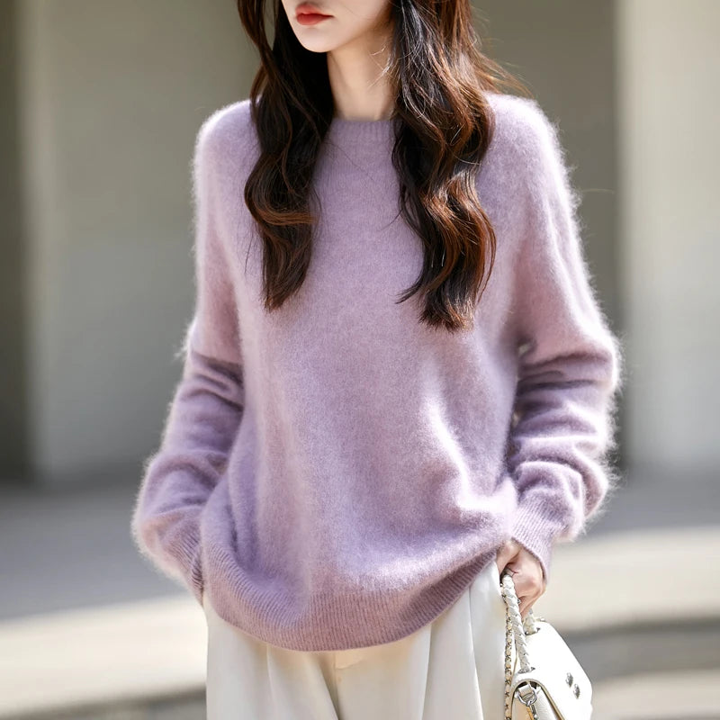Women’s Brushed Wool Knit Sweater, Solid Pink, Crew Neck, Soft and Warm – Winter Collection